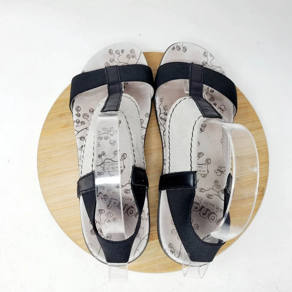 Wonders Fly Sandals Womens 37 Black‎ Grey Low Wedge Elastic Strap Comfort Shoes